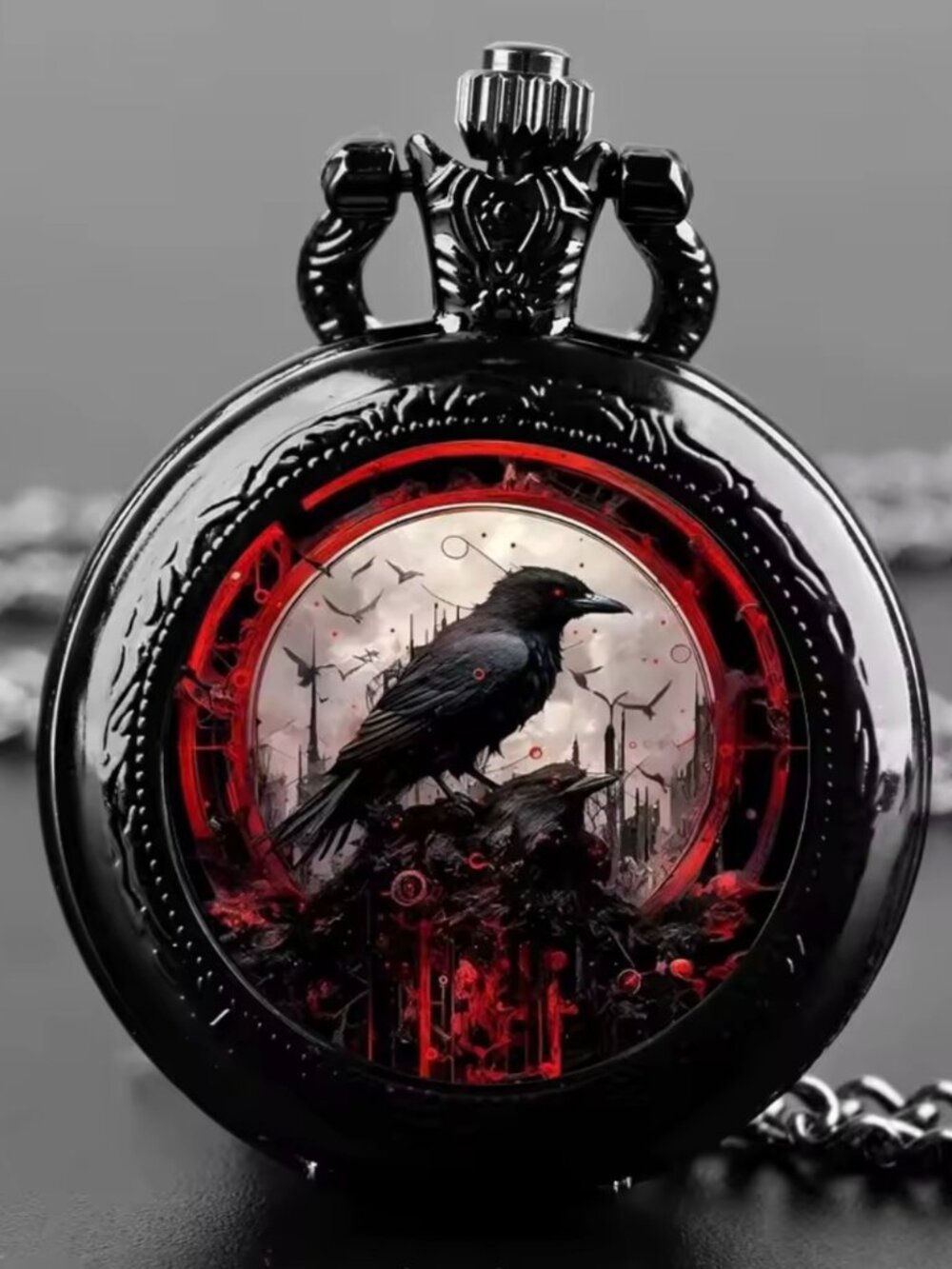 Exquisite Vintage Black Crow Goth Quartz Pocket Watch